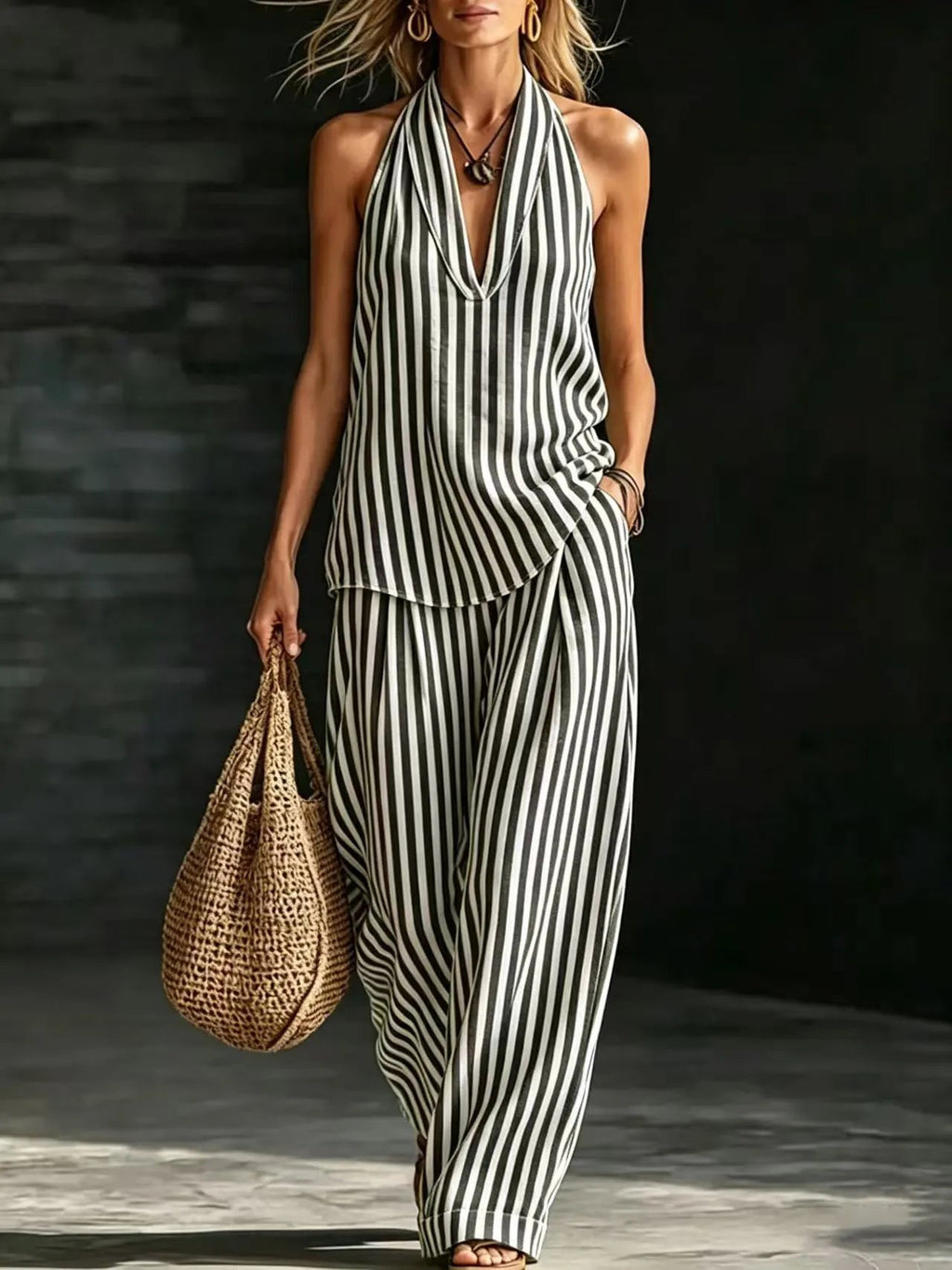 Relaxed Fit Vertical Stripe Two Piece Outfit, Ladies Backless Halter Top & High Waist Wide Leg Trousers Set