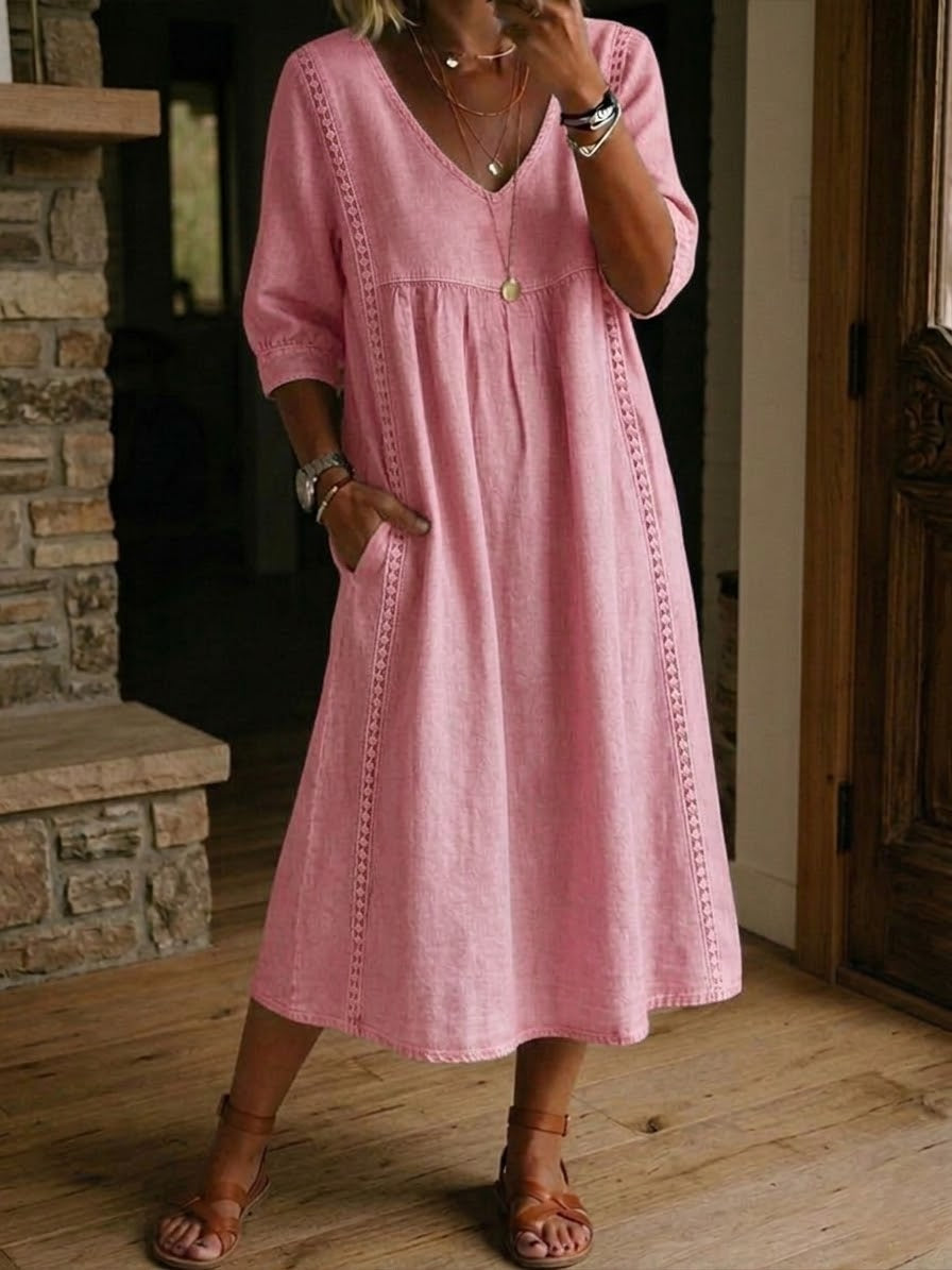 Women's Casual Loose-fitting Patchwork Lace Trim Linen And Cotton Dress