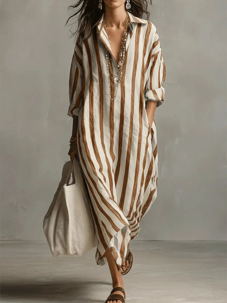 Minimalist Vertical Stripe Cotton Long Shirt Dress Oversized Relaxed Fit Side Pocket Vacation Resort Midi Maxi Dress