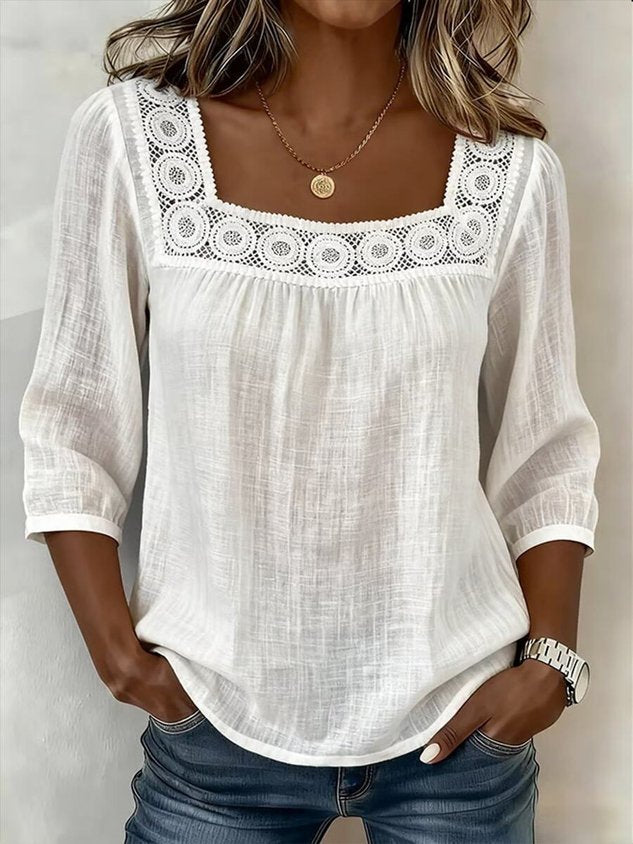 Linen Blend Square Neck Loose Elegant Blouse