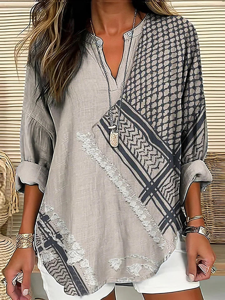 Split V-Neck 3/4 Sleeve Loose Fit Casual Top