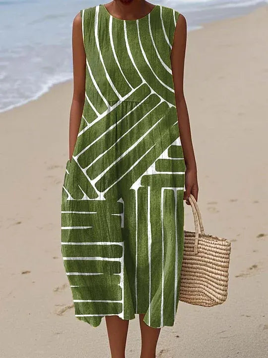 Cotton Linen Printed Midi Dress | Women's Sleeveless Beach Vacation Dress