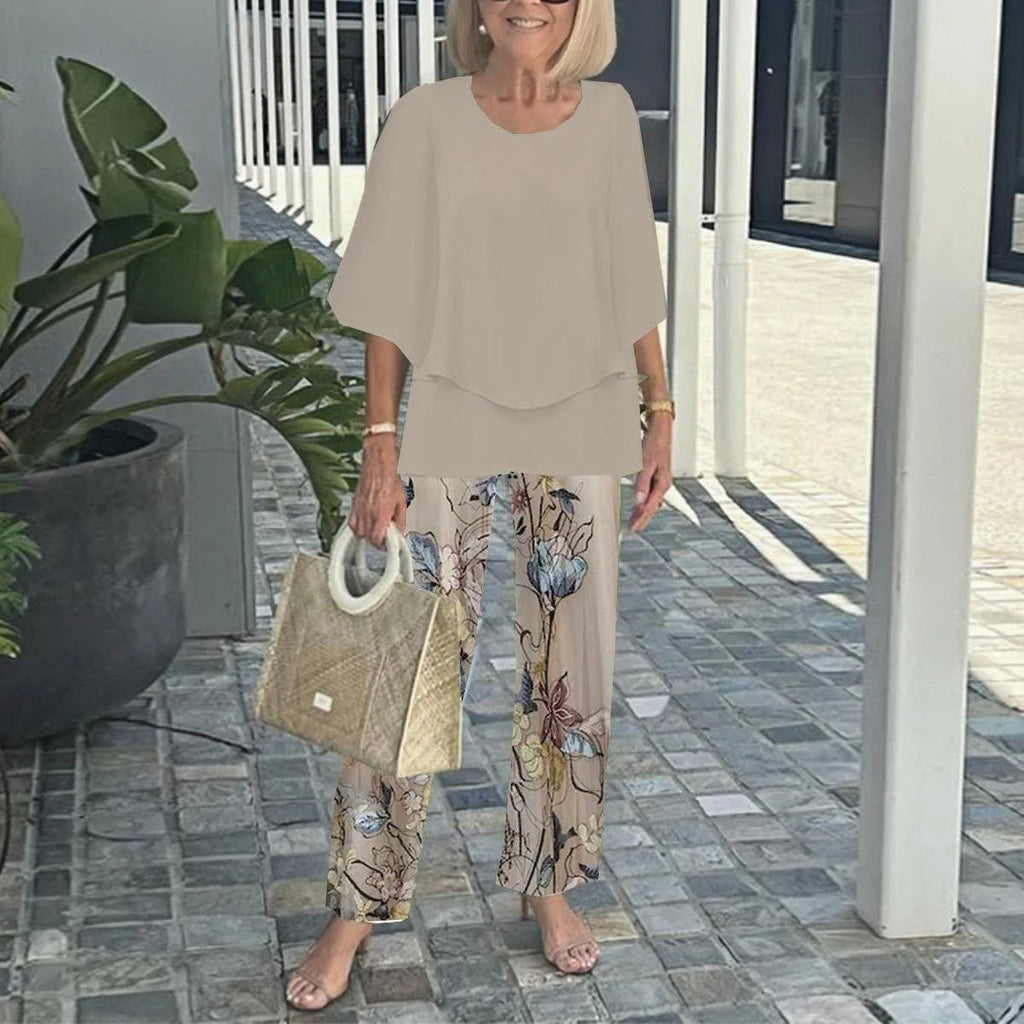 Women Round Neck Mid Sleeve Loose Top & Printed Straight Pants 2 Piece Co Ord Set