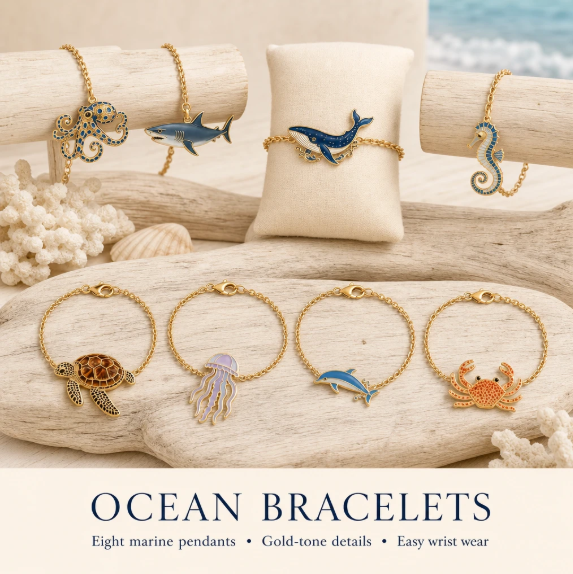 Beach Themed Marine Animal Pendant Bracelets Colorful Enamel Thin Chain Multi-Design Ocean Bracelets Daily Wear