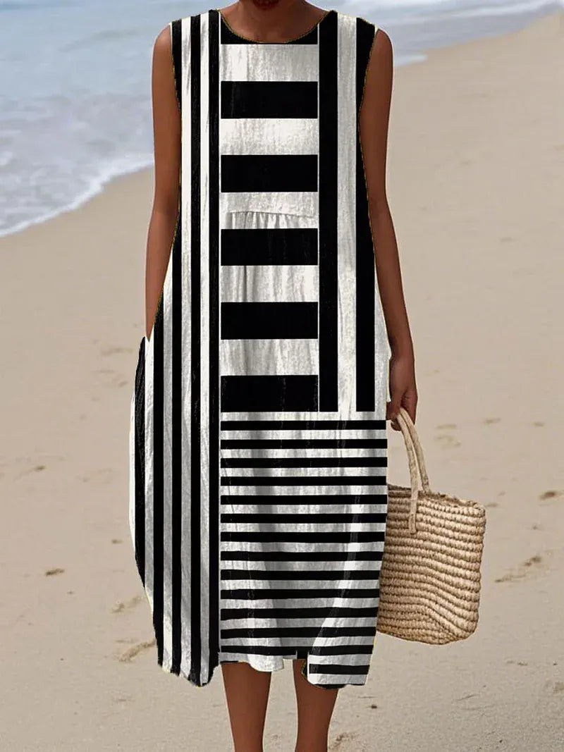 Cotton Linen Printed Midi Dress | Women's Sleeveless Beach Vacation Dress