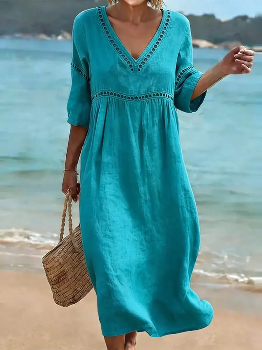 Elegant and casual V-neck solid color dress