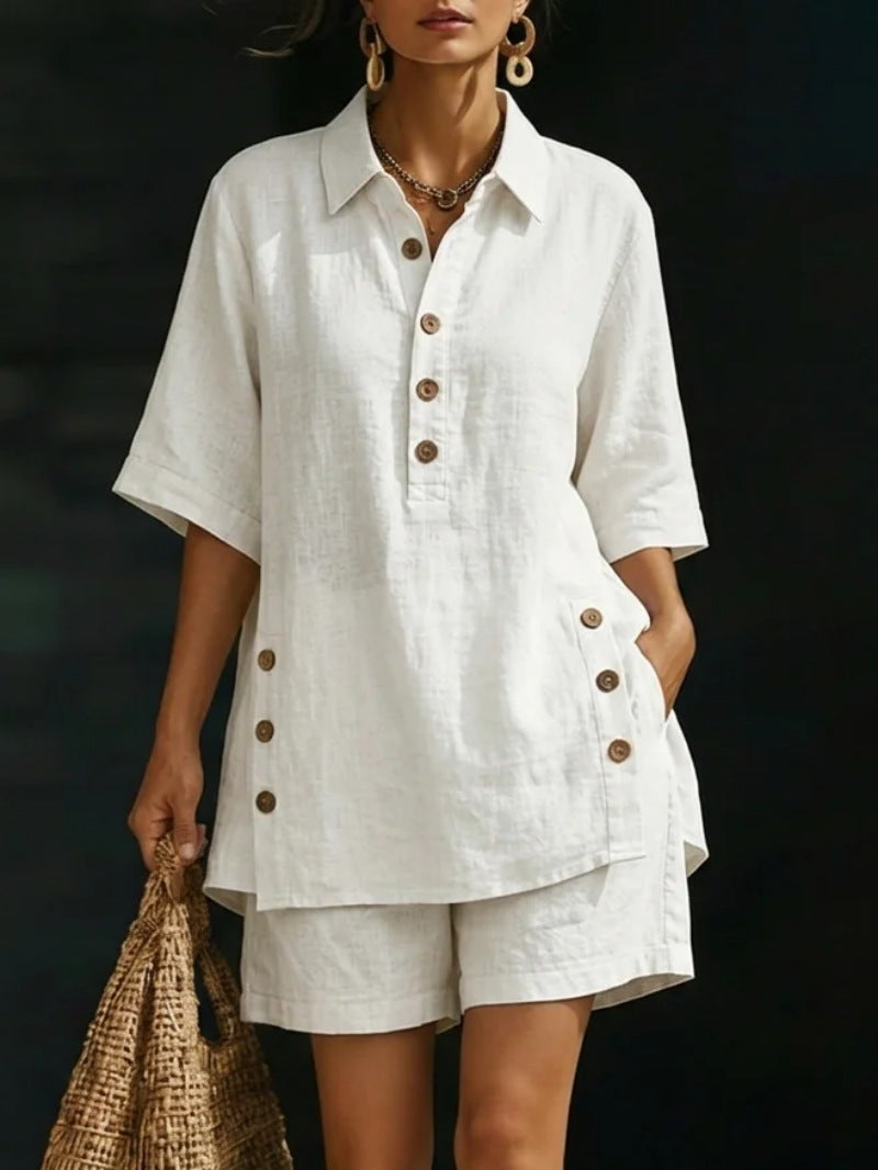 Women Collar Half Button 2 Piece Matching Set Side Button Tunic Top Loose Shorts Resort Casual Outfit