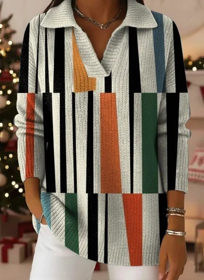 V‑Neck Polo Style Rib Knit Long Sleeve Sweater For Women