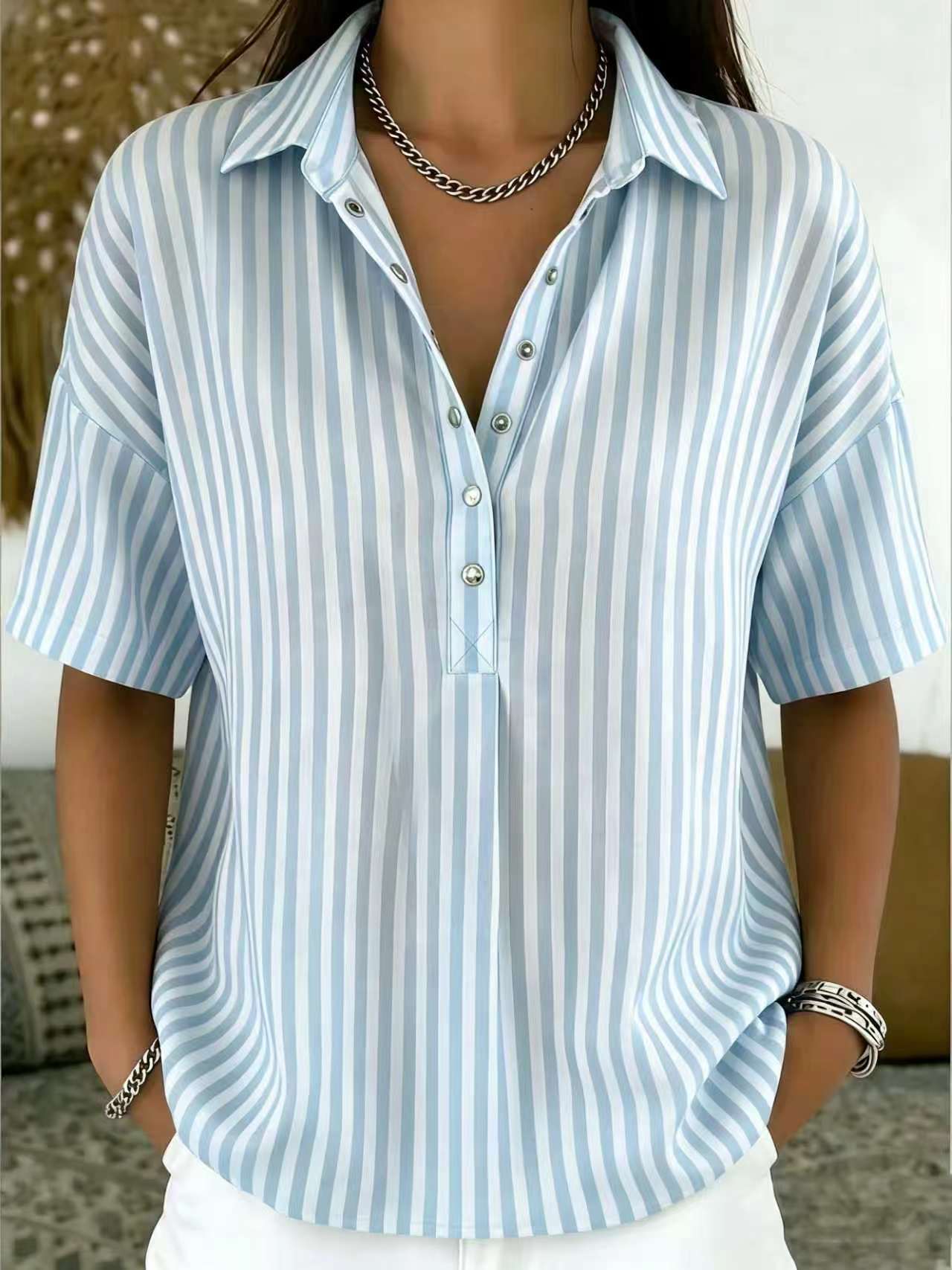 Minimalist Summer Oversized Collar Blouse, Women Short Sleeve Button Front Striped Resort Shirt