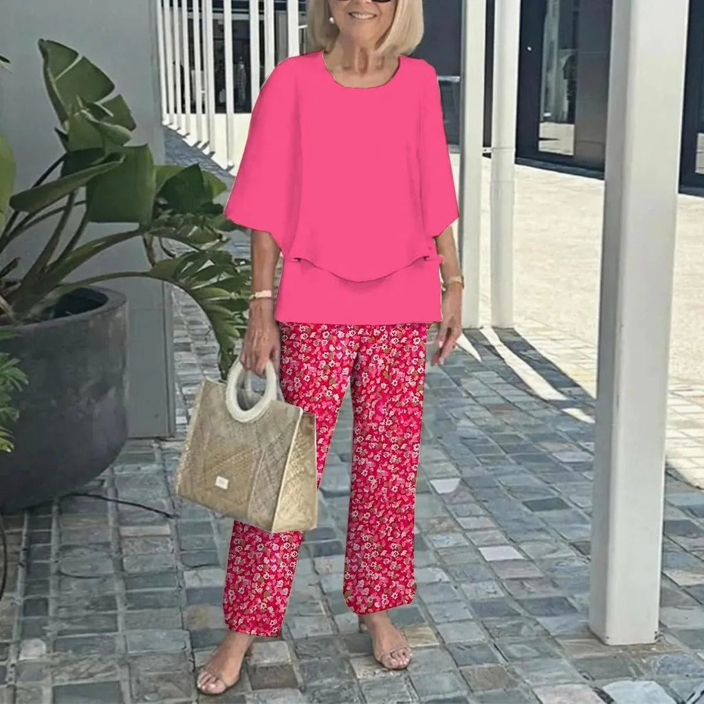 Women Round Neck Mid Sleeve Loose Top & Printed Straight Pants 2 Piece Co Ord Set
