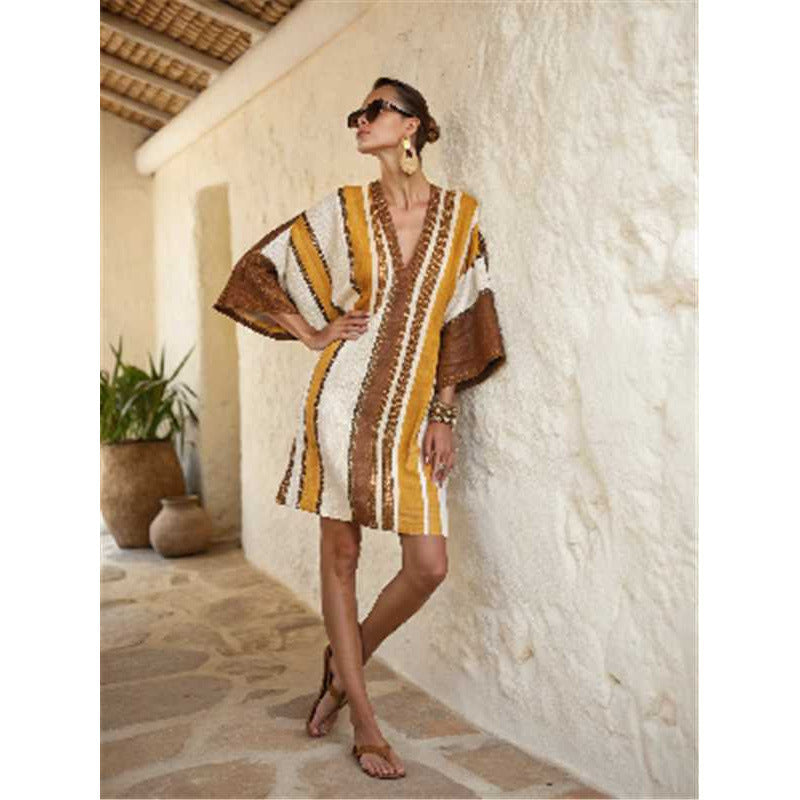 Women's V-Neck Linen-Blend Kaftan Dress