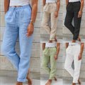 Elastic high-waisted solid color cotton and linen casual pants