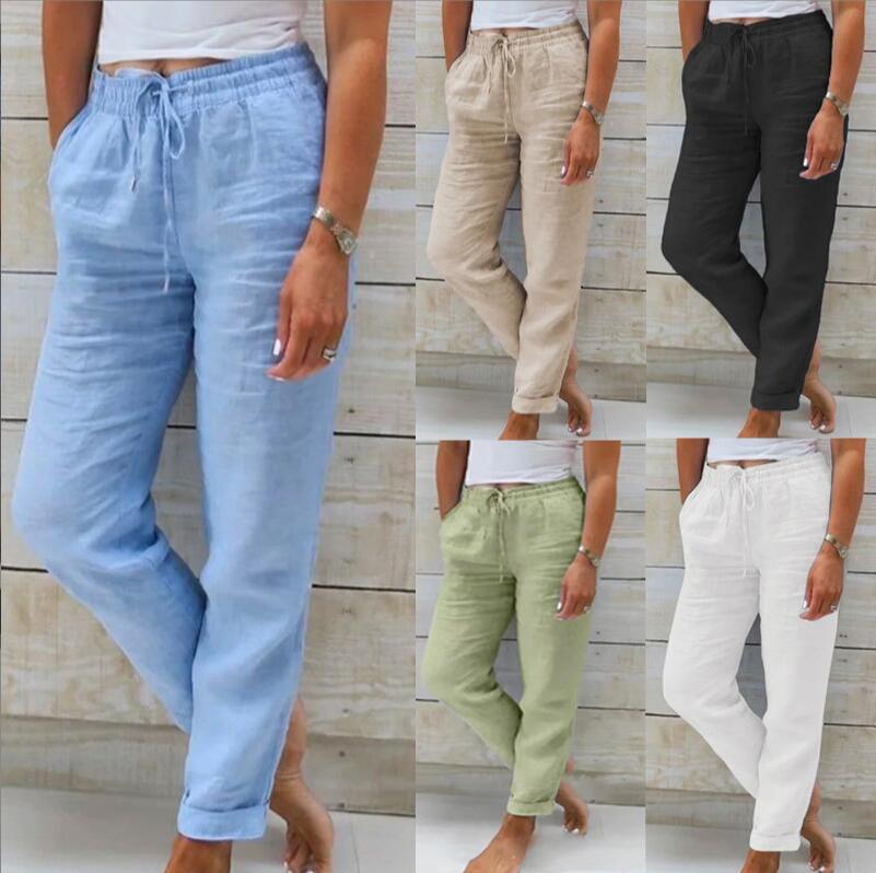 Elastic high-waisted solid color cotton and linen casual pants