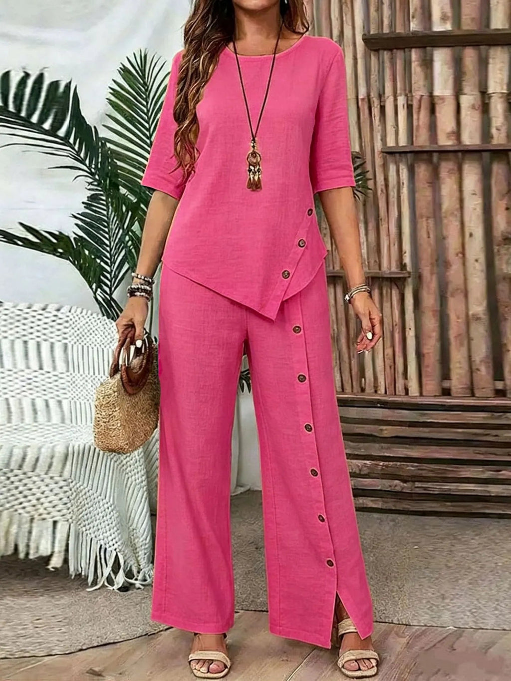 Women Irregular Hem Button Detail Top & Side Slit Wide Leg Pants 2 Piece Linen Look Set