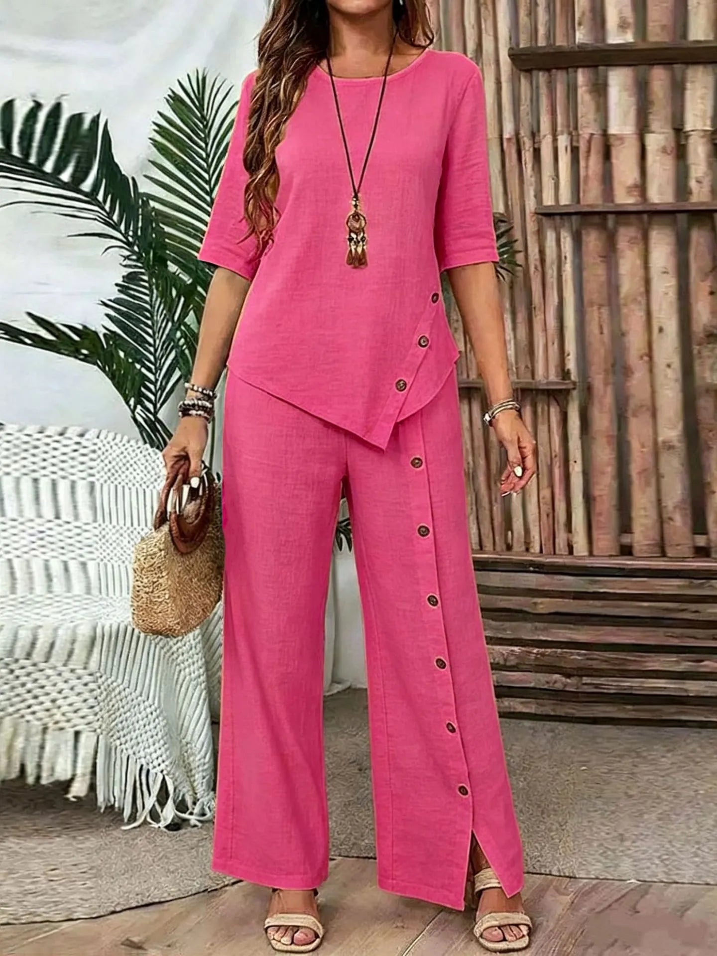 Women Irregular Hem Button Detail Top & Side Slit Wide Leg Pants 2 Piece Linen Look Set
