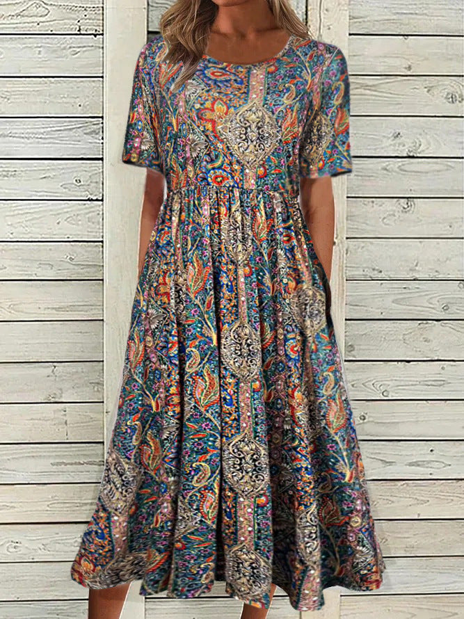 Women's round neck short sleeve bohemian print dress