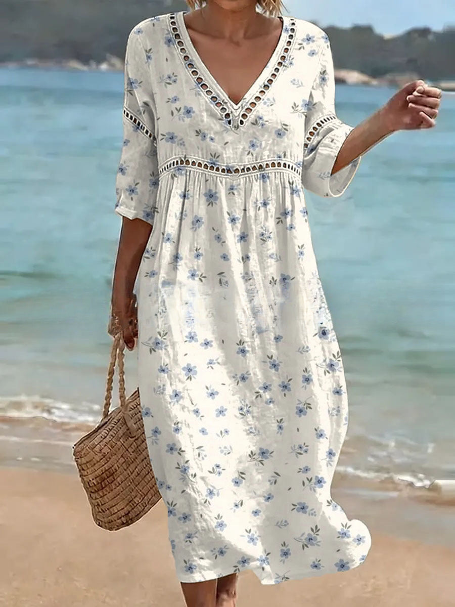 Women's V-Neck Floral & Print Midi Dress