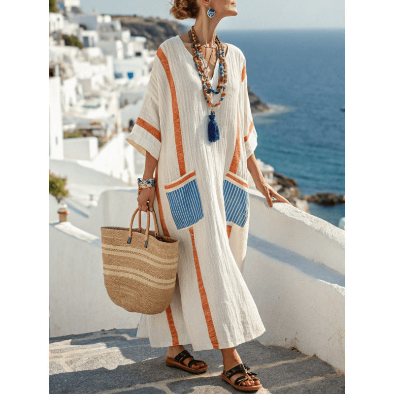 Women's V-Neck Linen-Blend Kaftan Dress