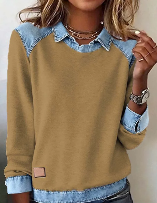 Denim Collar Patchwork Knit Pullover