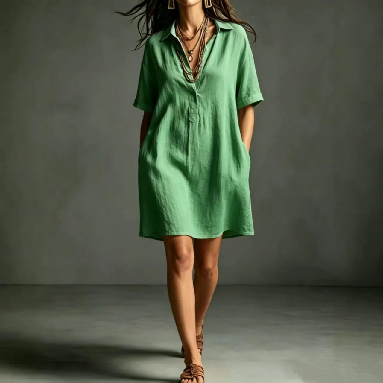 Minimalist Solid Color Shirt Dress Turn Down Collar V Neck Half Button Short Sleeve Relaxed Vacation Mini Dress