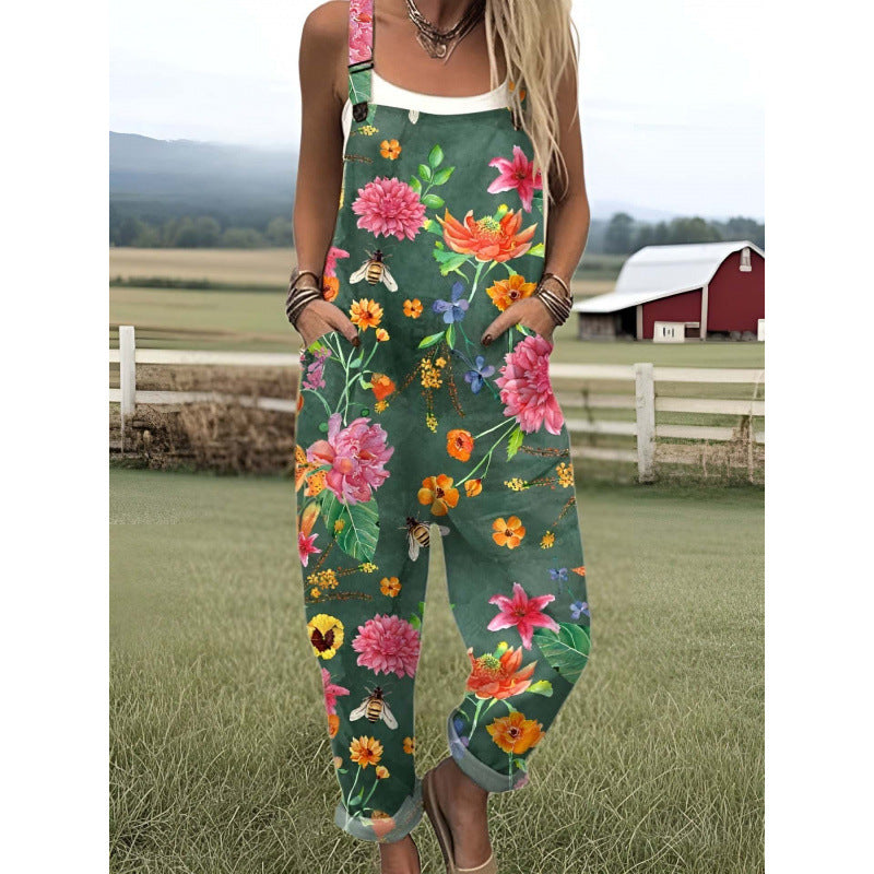 Printed Loose Overalls | Women's Casual Sleeveless Jumpsuit