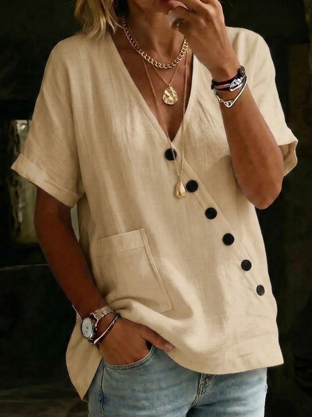 Plain Cotton Linen Top Short Sleeve V Neck Button Patch Pocket Summer Going Out Casual Shirt