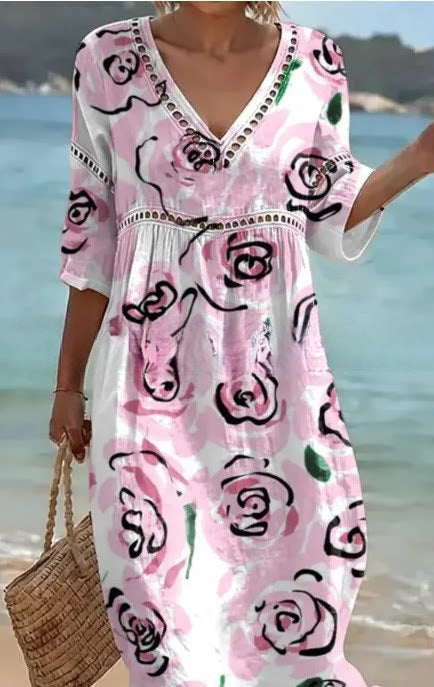 Women's V-Neck Floral & Print Midi Dress