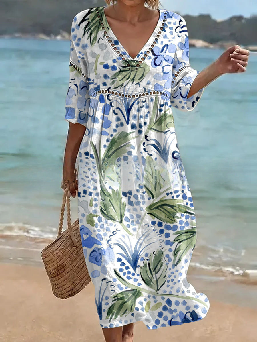 Women's V-Neck Floral & Print Midi Dress