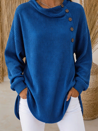 Stylish Asymmetrical Button Waffle Knit Tunic With Side Slit