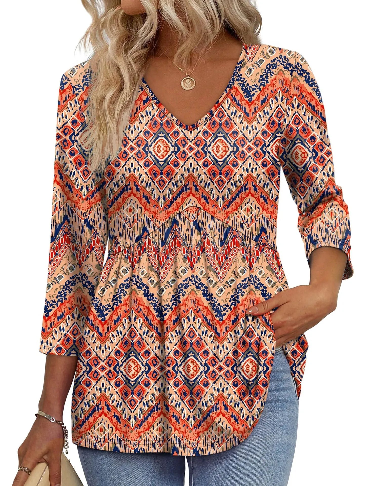 Women V Neck 3/4 Sleeve Leaf Print Empire Waist Tunic Top