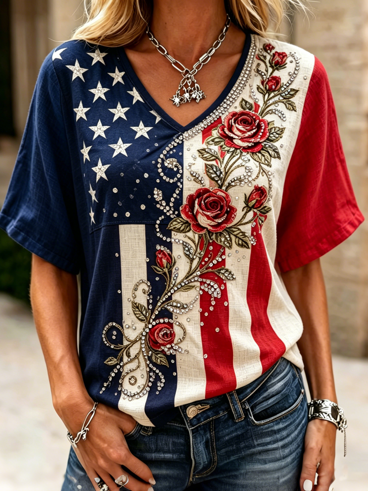 Women's Vintage Flag Floral Art Print V Neck Linen Blend T-shirt