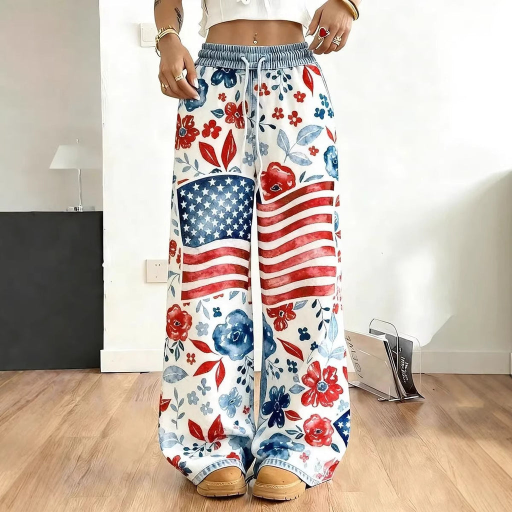 Women's American Flag Floral Print Wide Leg Pants