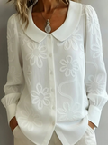 Embroidery Floral Long Sleeve Crew Neck Button Spring Loose Going Out Casual Top