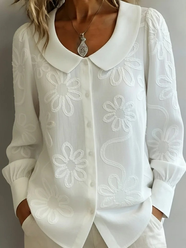 Embroidery Floral Long Sleeve Crew Neck Button Spring Loose Going Out Casual Top