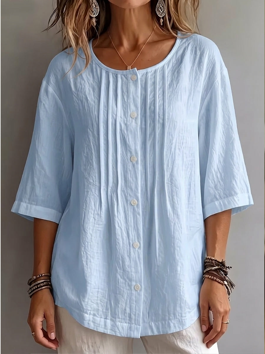 New Arrivals 🔥 Women's Round-Neck Pleated Shirt with 3/4 Sleeves