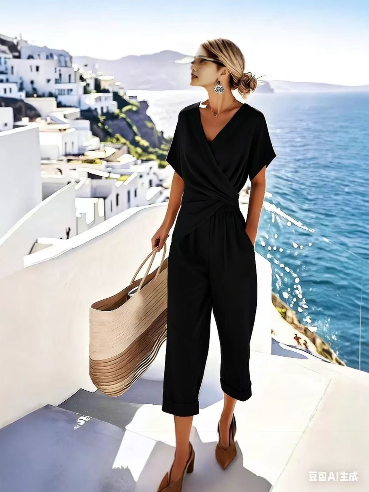 Wrap V Neck Twisted Waist Pocket Jumpsuit Women