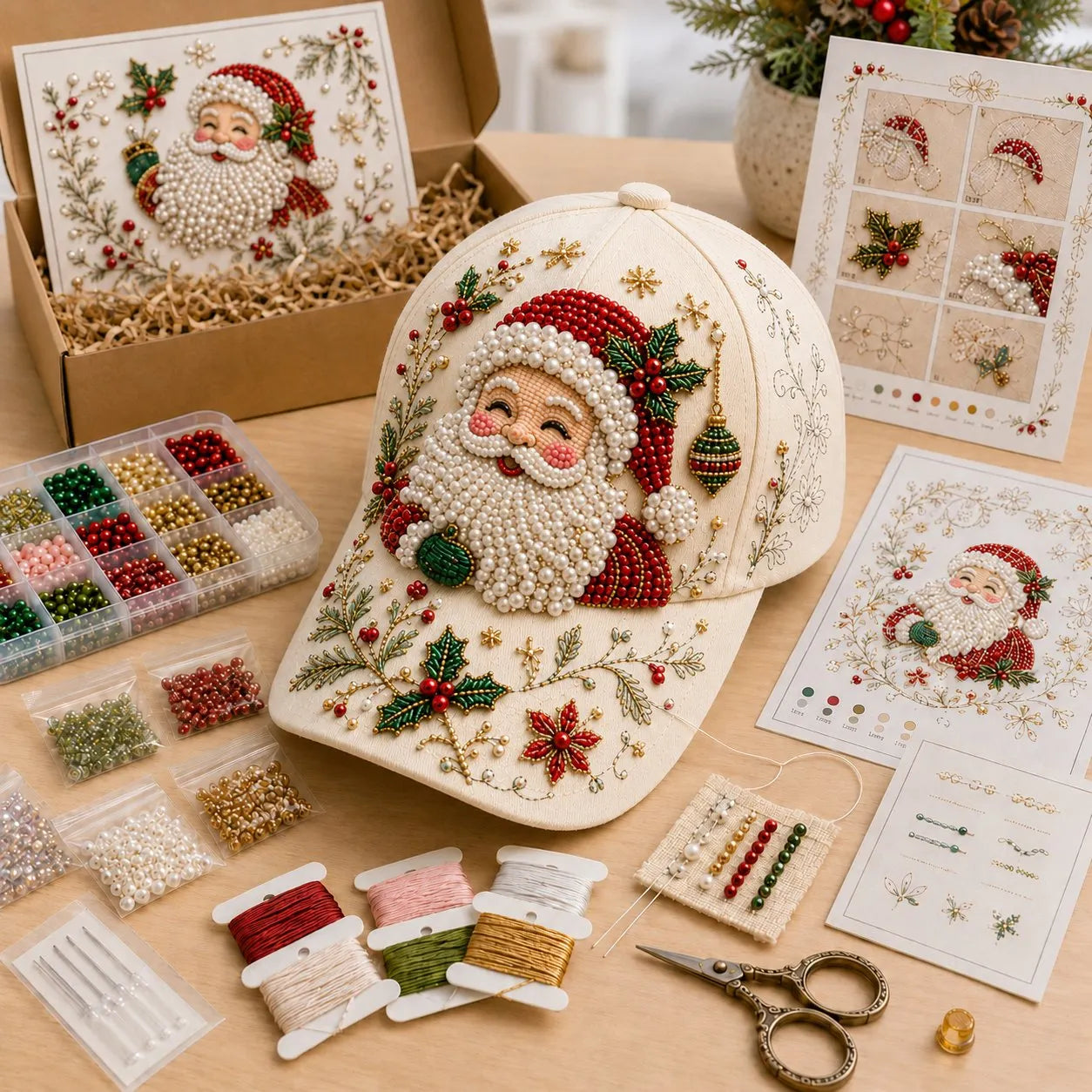 🔥HOT SALE🔥🎄🧢 Premium Christmas Beaded Hat DIY Kit | Luxury Flocked Canvas with Scratch-Resistant Non-Fading Pearl Beads DIY Handmade Holiday Cap Decor 🎅🪡✨