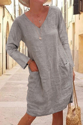 Casual Pocket V Neck Long Sleeve Linen Shift Dress For Women