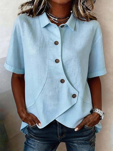 Cotton And Linen Shawl Collar Short Sleeve Asymmetry Placket Design Button Summer Going Out Casual Shirt