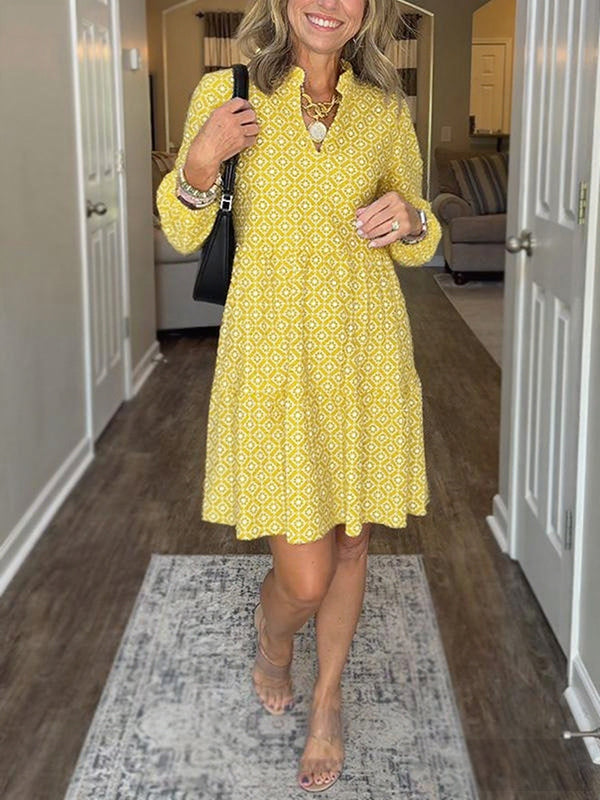 Women's V Neck Vintage Printed Dress