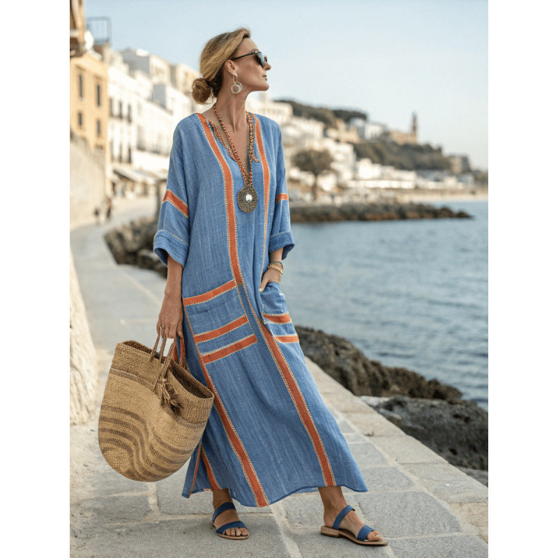 Women's V-Neck Linen-Blend Kaftan Dress