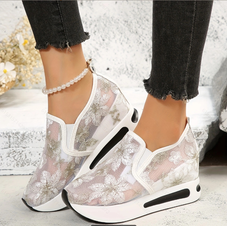 Floral Embroidery Breathable Sheer Mesh Sneakers