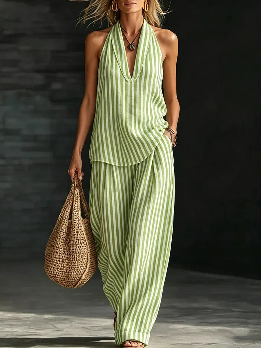 Relaxed Fit Vertical Stripe Two Piece Outfit, Ladies Backless Halter Top & High Waist Wide Leg Trousers Set