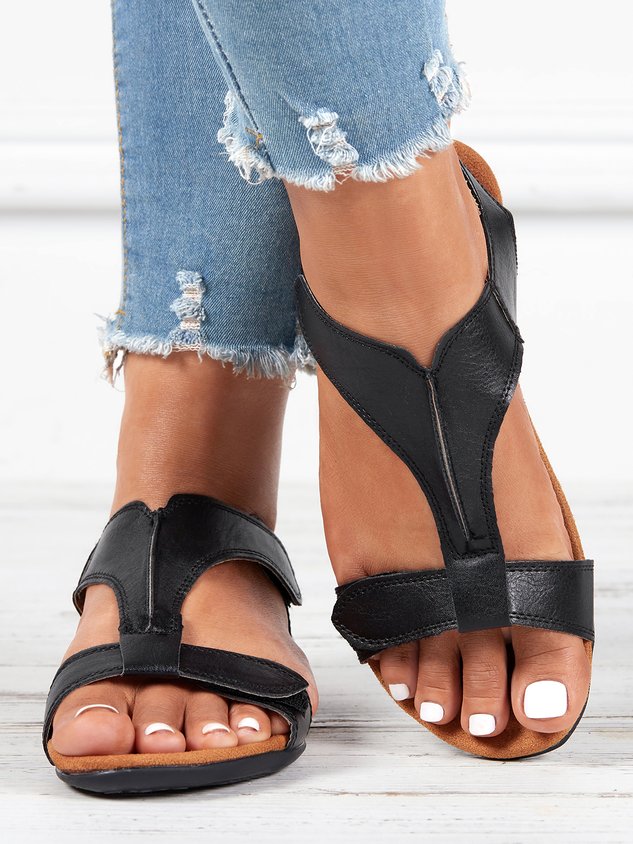 Women's Adjustable Leather Retro Solid Color Casual Portable Sandals
