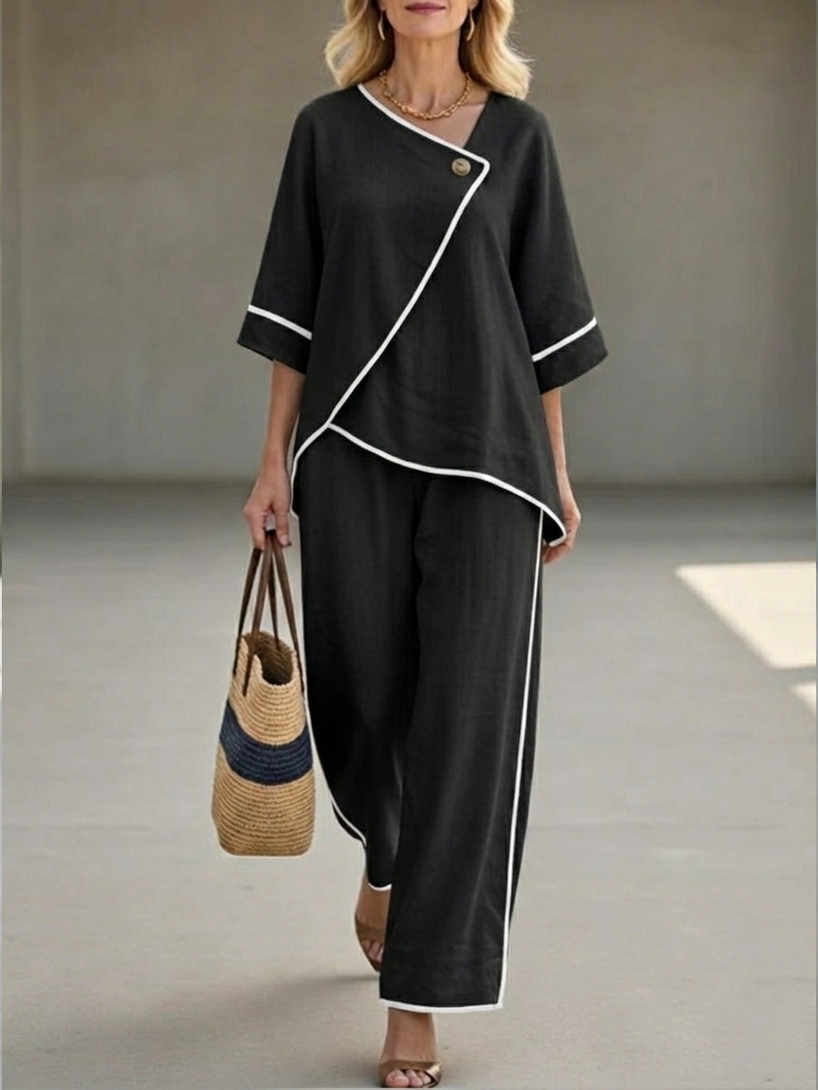 Women's Asymmetric Wrap Linen 2 Piece Pants Set