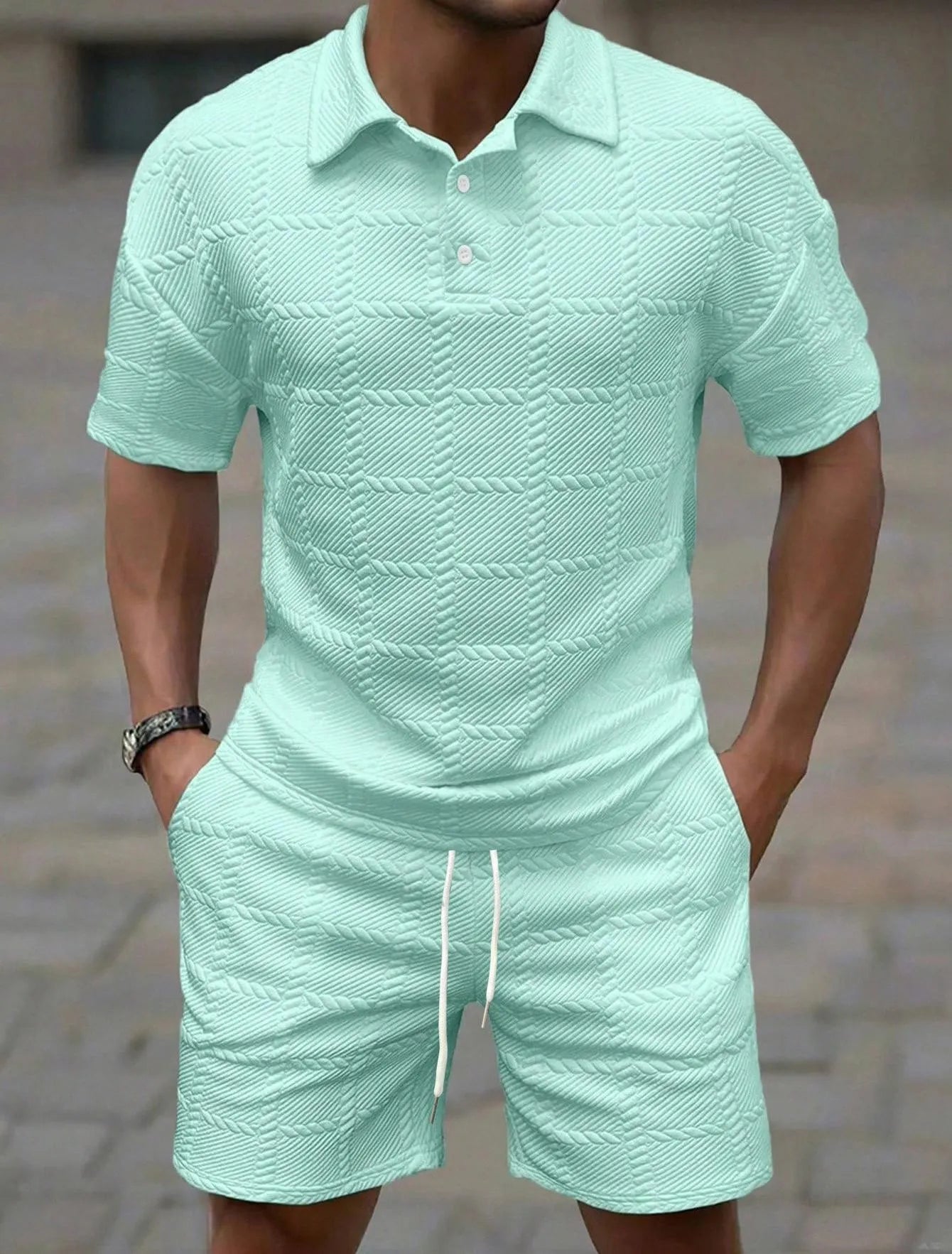 Men Textured Jacquard 2 Piece Matching Set