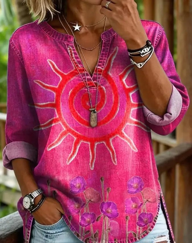 Bohemian Graphic Print Women Tunic Top Notch Collar Half Placket 3/4 Sleeve Pocket Casual Daily Blouse