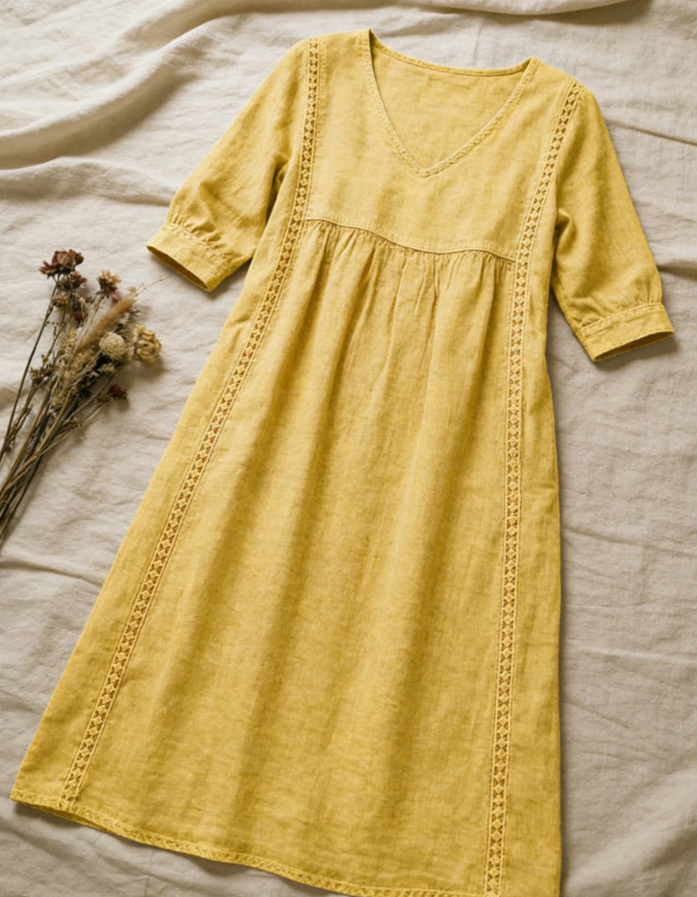 Women's Casual Loose-fitting Patchwork Lace Trim Linen And Cotton Dress
