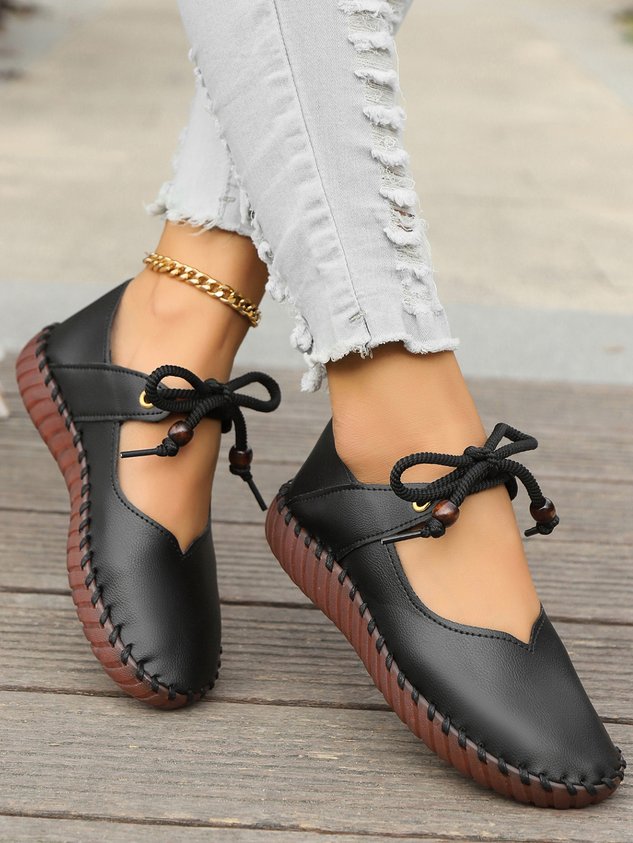 Vintage British Round Toe Women's PU Leather Shoes
