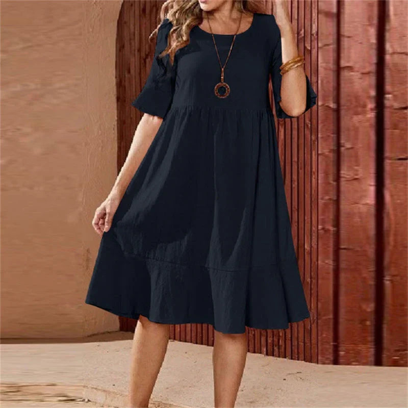 Women's Linen Ruffle Hem Midi Dress